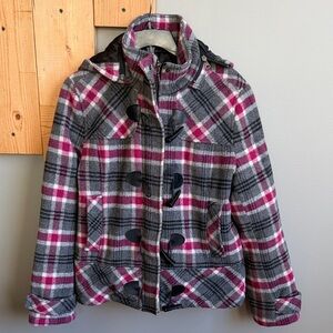 Plaid Wool Coat in Gray and Pink